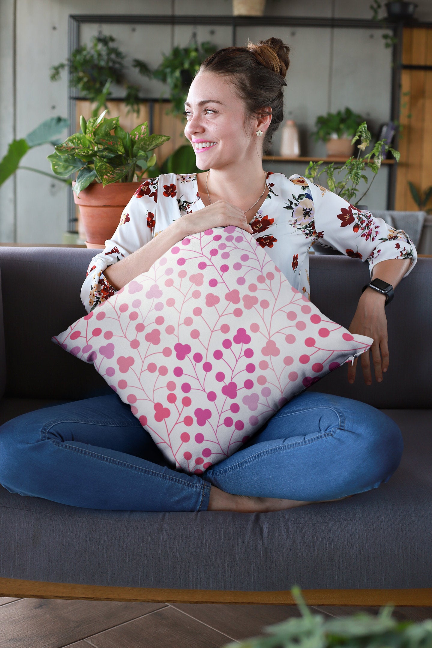Pink Leaves Pattern Pillow, Spun Polyester Square Pillow, Decorative Cushion and Pillow for Room Decor