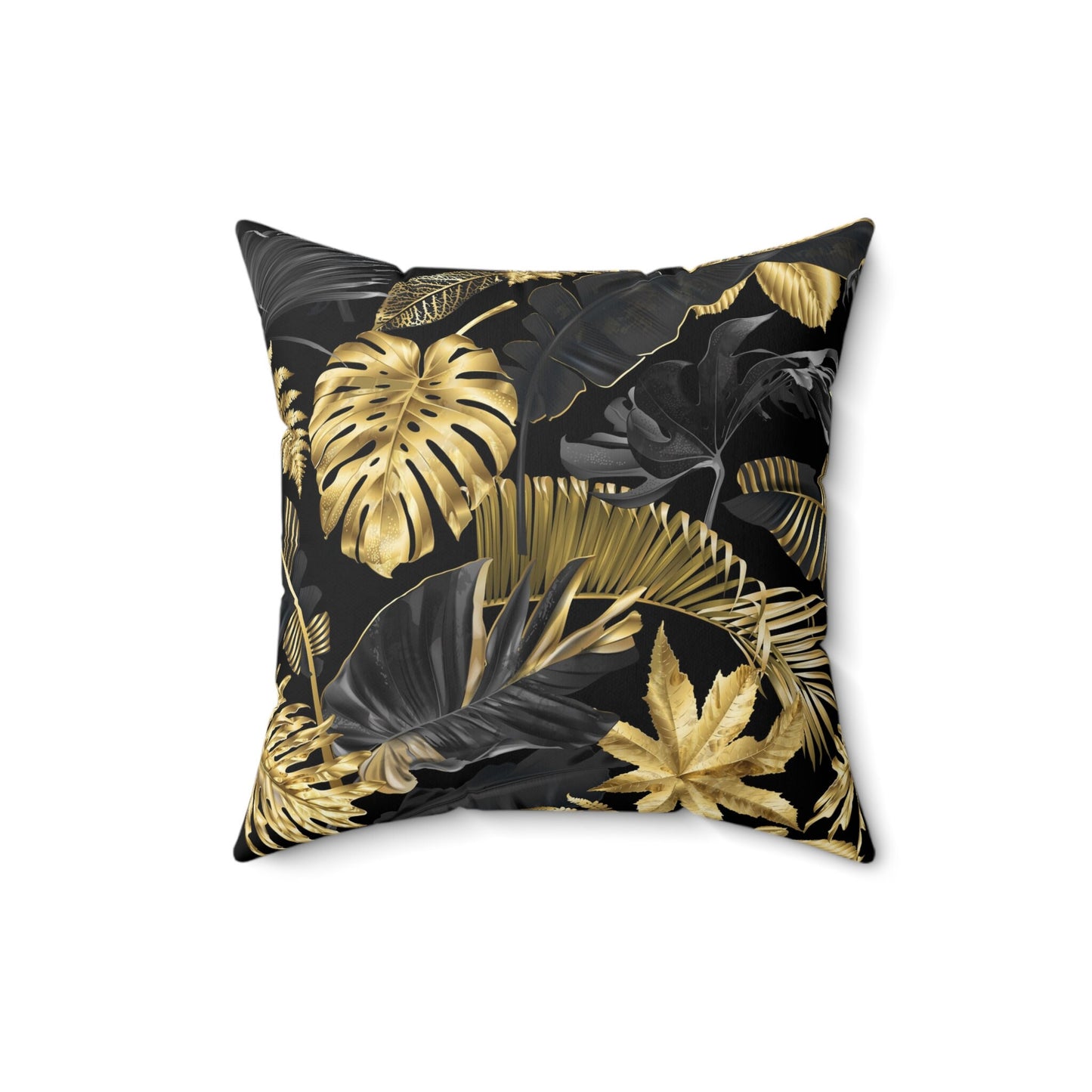 Gold and Black Tropical Leaves Pattern Pillow, Polyester Square Pillow, Decorative Tropical Pattern, Leaves Pattern Double Sided Printing