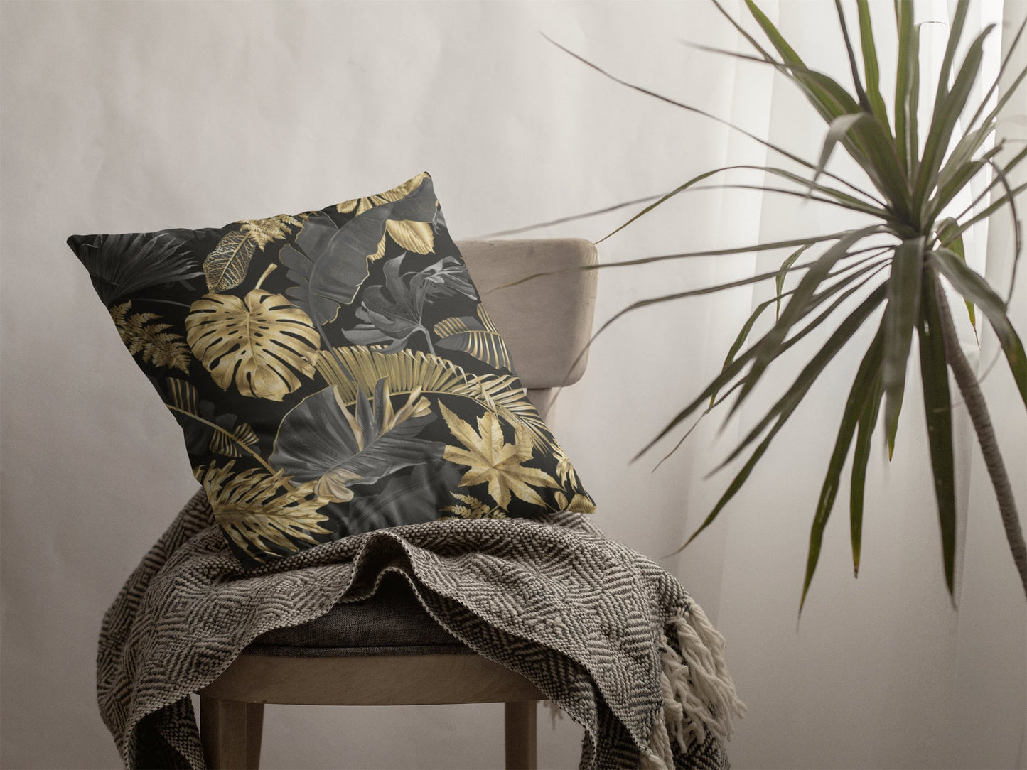 Gold and Black Tropical Leaves Pattern Pillow, Polyester Square Pillow, Decorative Tropical Pattern, Leaves Pattern Double Sided Printing