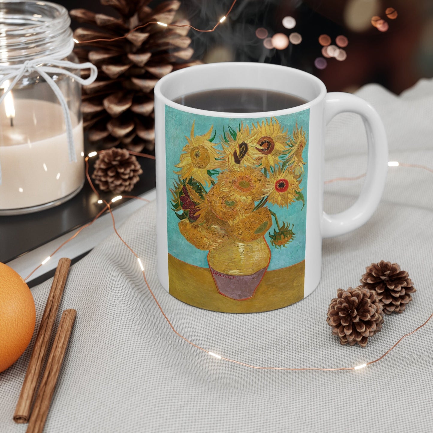 Tasse à café en céramique blanche avec le vase de Vincent van Gogh et les douze tournesols, tasse cadeau d'anniversaire, tasse à café en céramique blanche 11 oz, tasse à beaux-arts