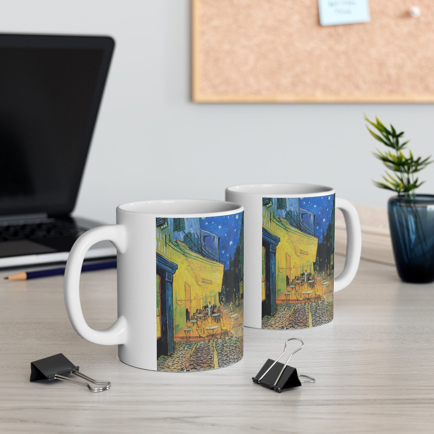 Tasse à café en céramique blanche de Vincent van Gogh avec terrasse de café la nuit, tasse à café en céramique blanche de 11 oz, tasse à café d'art
