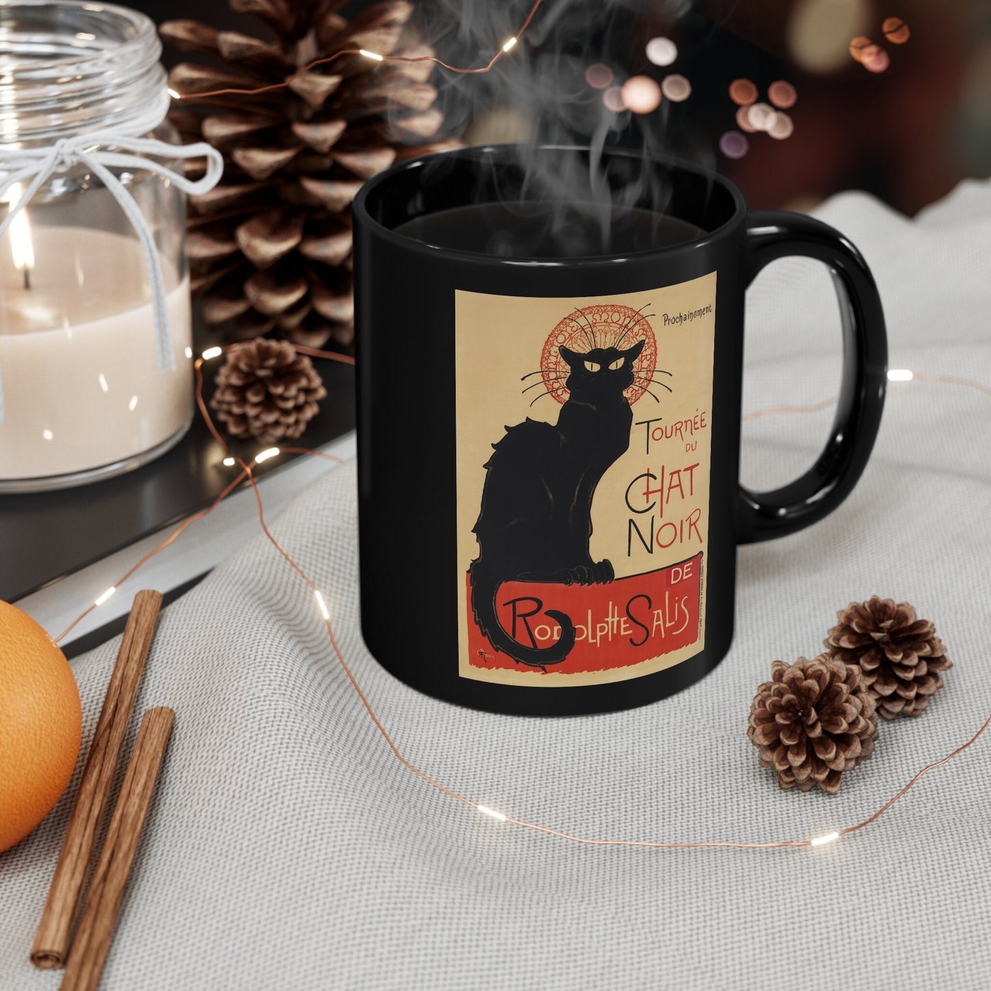 Tourne du Chat Noir by Thophile Alexandre Steinlen Black Ceramic Mug, Fine Art Mug, Ceramic Coffee Mug 11oz, Birthday Gift