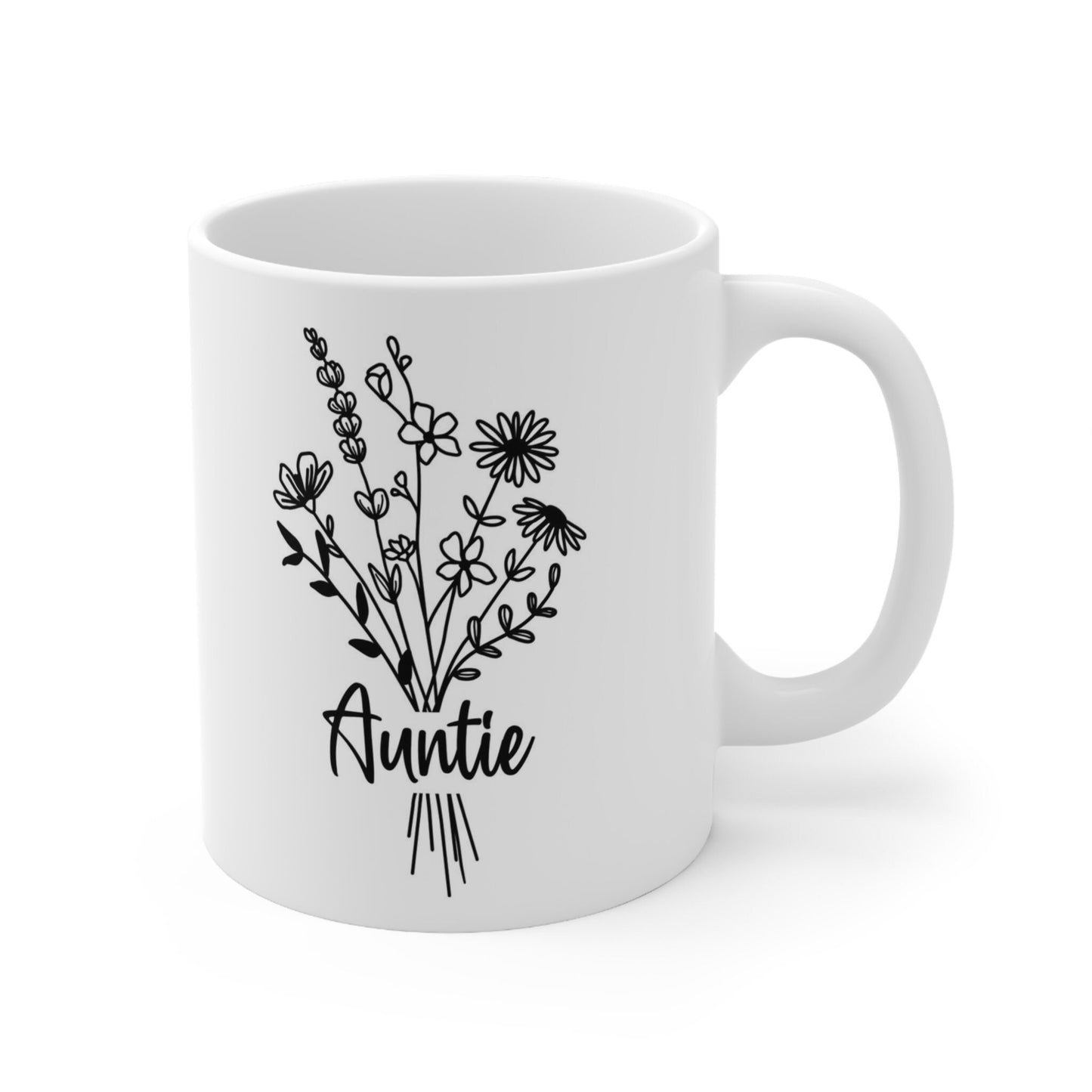 Wildflower Bouquet Auntie Gift Mug, Auntie Mug, Gift Coffee Mug, Coffee Quotes Mug, Ceramic Cup Mug for Coffee or Tea 11 oz