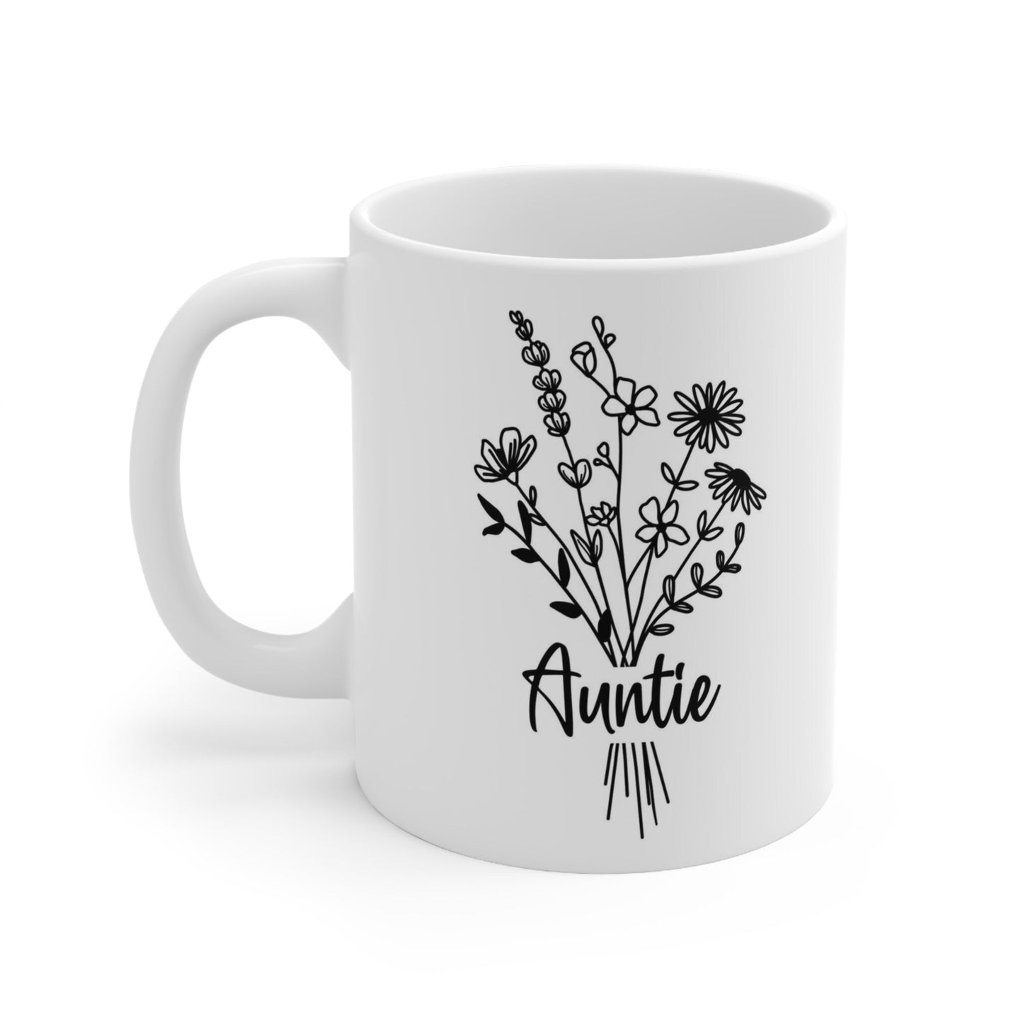 Wildflower Bouquet Auntie Gift Mug, Auntie Mug, Gift Coffee Mug, Coffee Quotes Mug, Ceramic Cup Mug for Coffee or Tea 11 oz