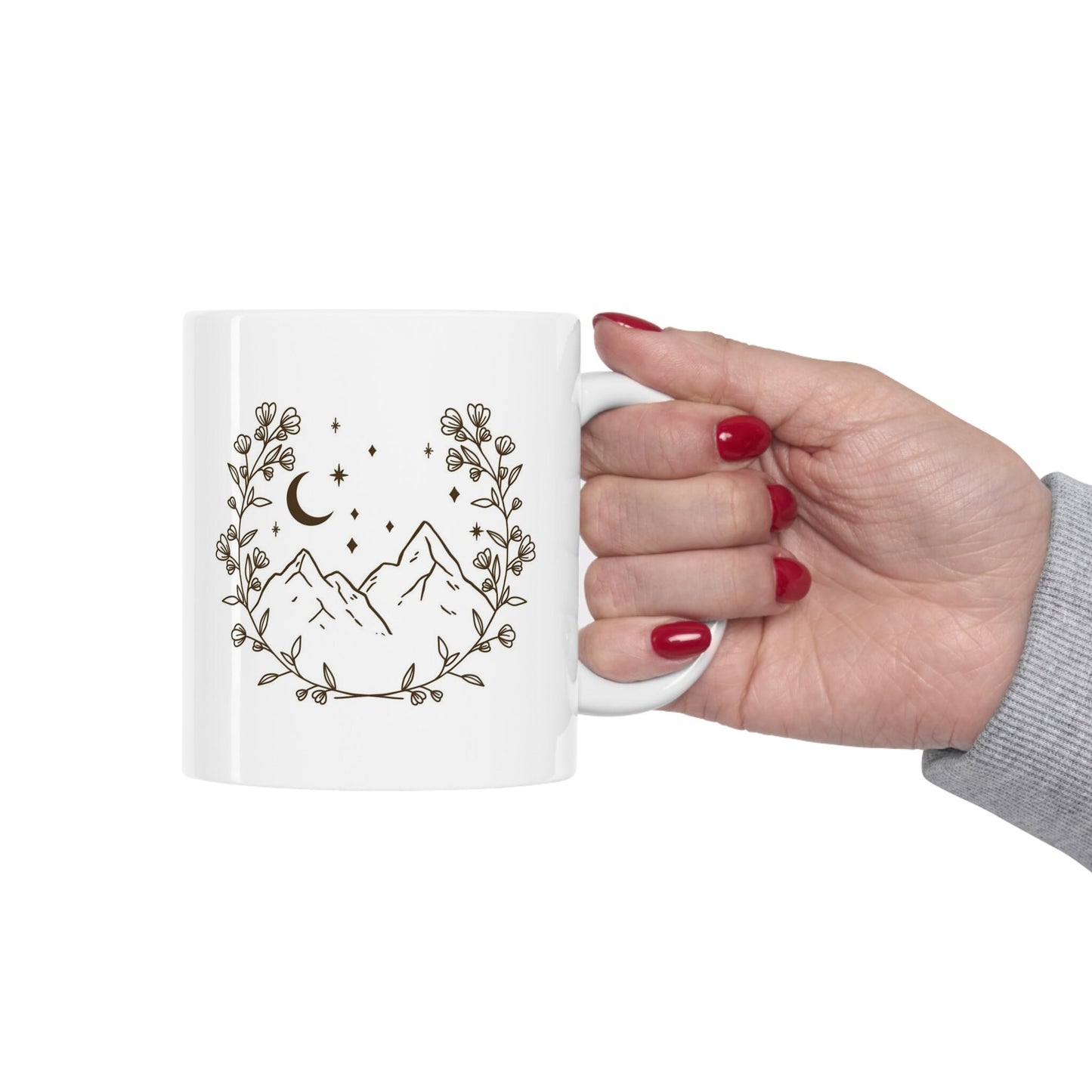 Mountain Wreath Mug, Gift Coffee Mug, Inspirational Boho Style Mug, Coffee Quotes Mug, Cup for Coffee or Tea, Ceramic Coffee Mug 11oz