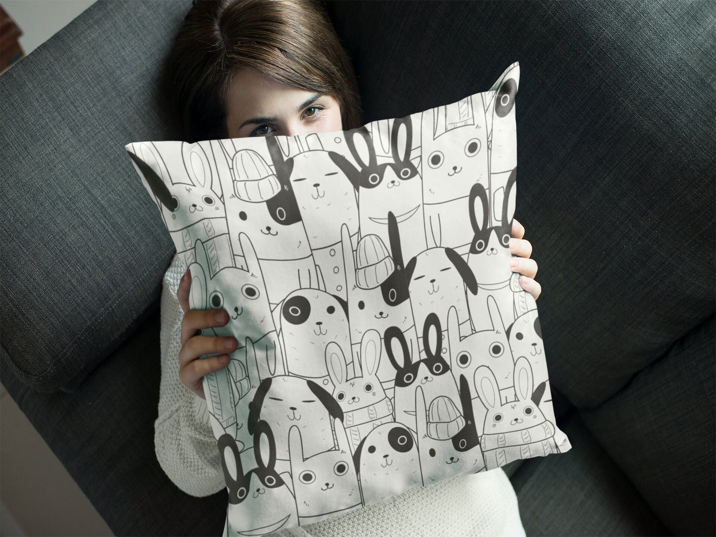 Spun Polyester Square Pillow, Decorative Pillow, Decor Pillow for Home Decor, Pillow for Kids Room, Cute Rabbits Pillow