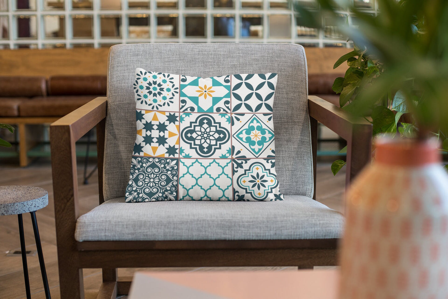 Lisbon Tiles Pattern Pillow, Portugal Azulejo Tiles Pillow, Spun Polyester Square Pillow, Double Sided Printing, Moroccan Tiles Pillow