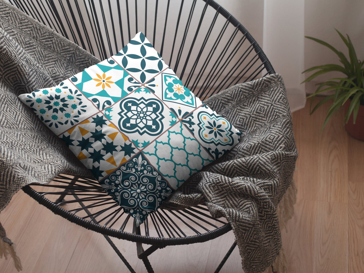 Lisbon Tiles Pattern Pillow, Portugal Azulejo Tiles Pillow, Spun Polyester Square Pillow, Double Sided Printing, Moroccan Tiles Pillow