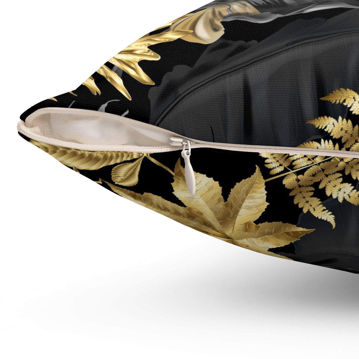 Gold and Black Tropical Leaves Pattern Pillow, Polyester Square Pillow, Decorative Tropical Pattern, Leaves Pattern Double Sided Printing