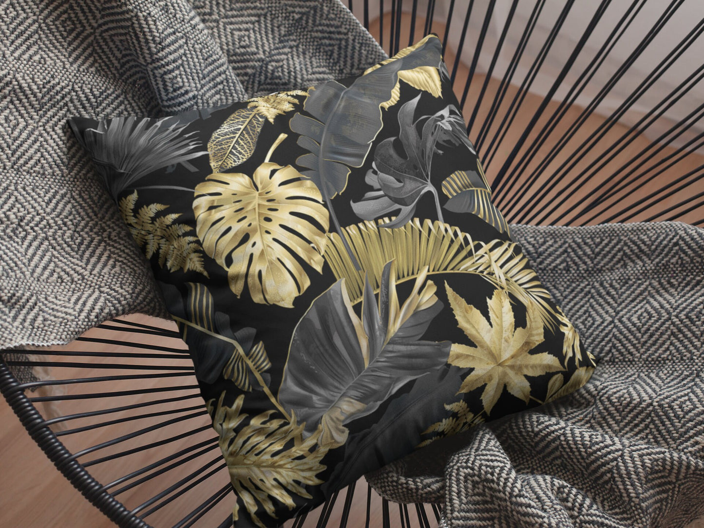 Gold and Black Tropical Leaves Pattern Pillow, Polyester Square Pillow, Decorative Tropical Pattern, Leaves Pattern Double Sided Printing