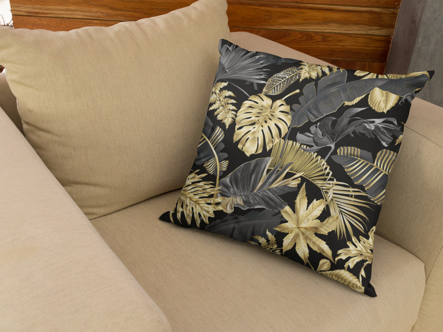 Gold and Black Tropical Leaves Pattern Pillow, Polyester Square Pillow, Decorative Tropical Pattern, Leaves Pattern Double Sided Printing
