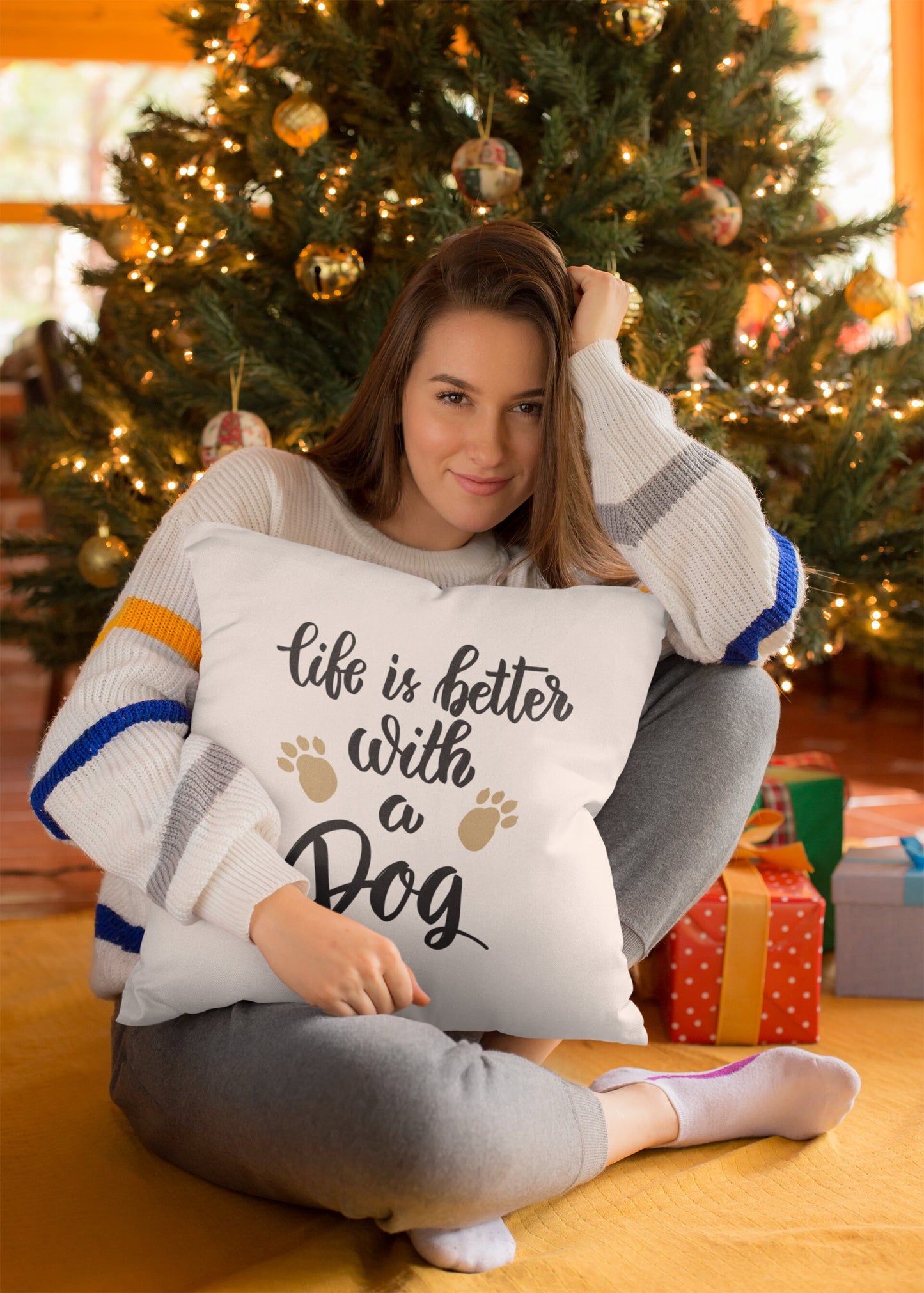 Typographic Quote Pillow, Life is Better with a Dog Pillow, Polyester Square Pillow, Decorative Cushion and Pillow, Double Sided Printing