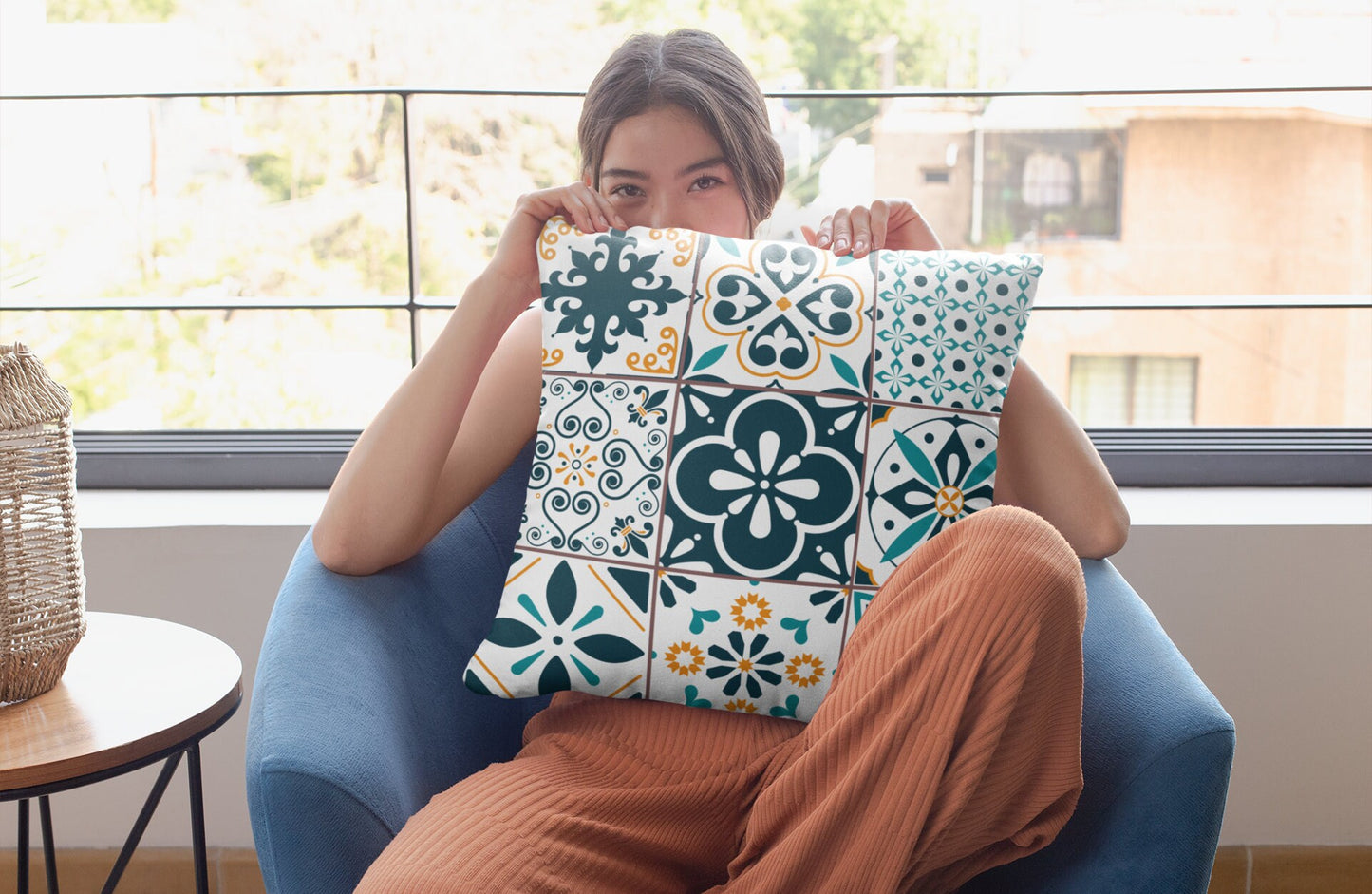 Lisbon Tiles Pattern Pillow, Portugal Azulejo Tiles Pillow, Spun Polyester Square Pillow, Double Sided Printing, Moroccan Tiles Pillow