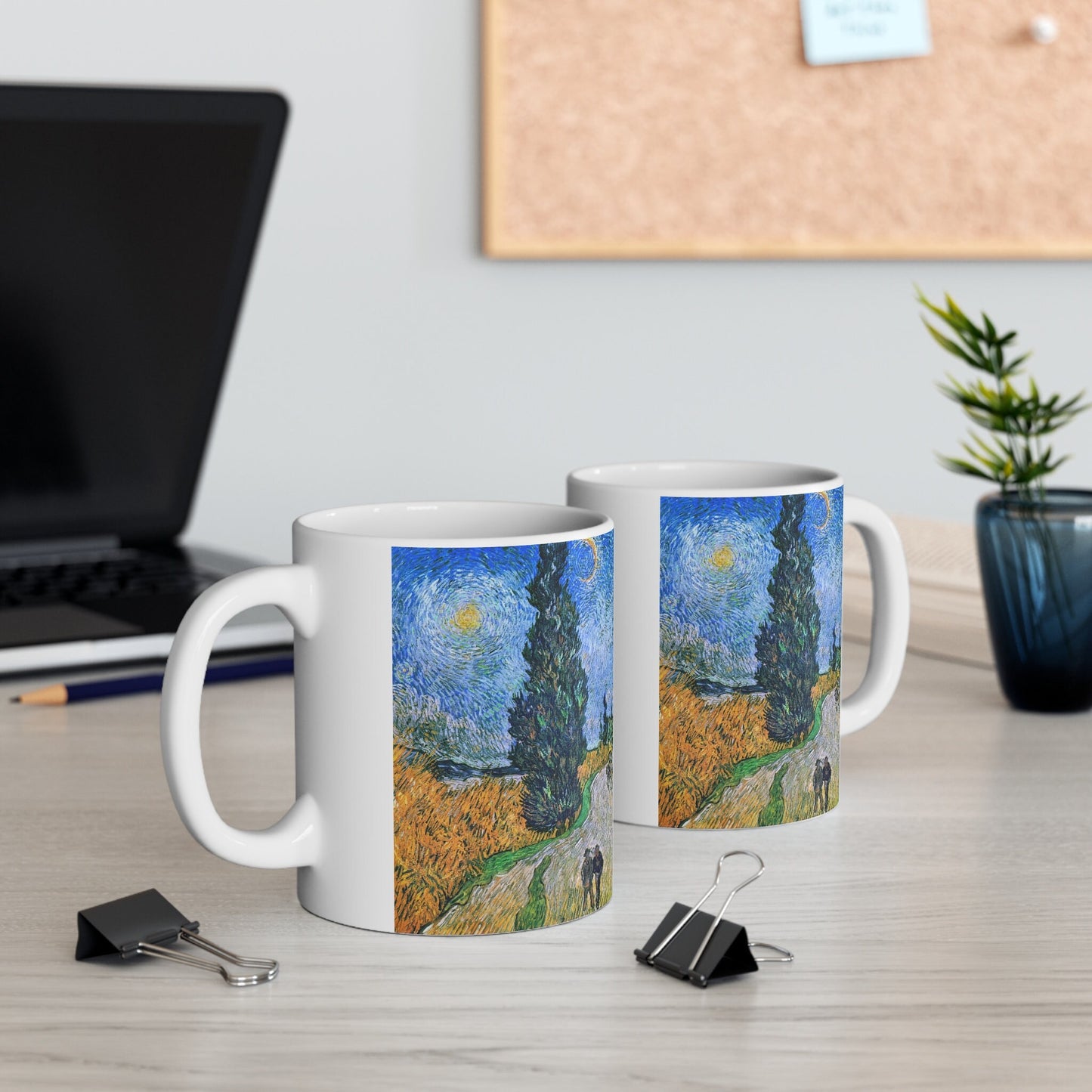 Vincent van Gogh's Road with Cypress and Star painting Mug, Birthday Gift Mug, White Ceramic Coffee Mug 11oz, Fine Art Mug Cup