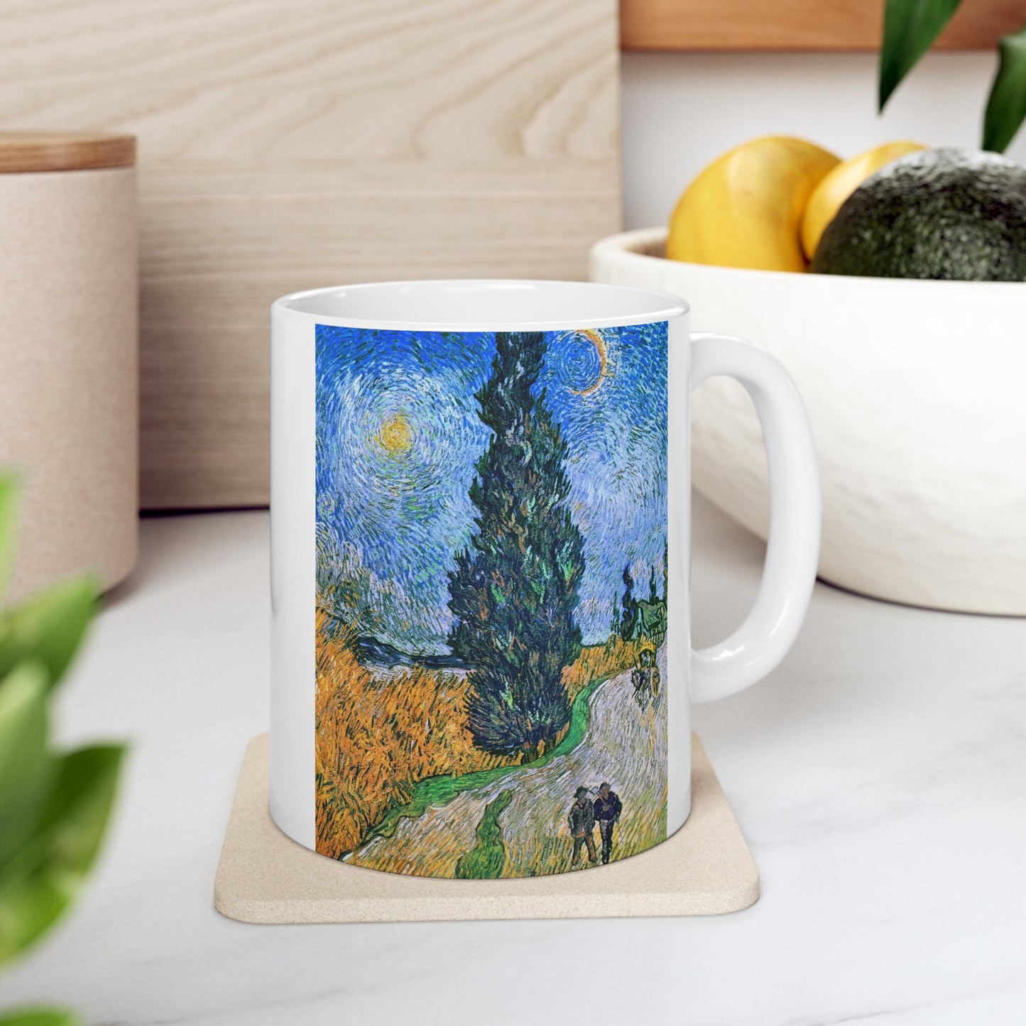 Vincent van Gogh's Road with Cypress and Star painting Mug, Birthday Gift Mug, White Ceramic Coffee Mug 11oz, Fine Art Mug Cup
