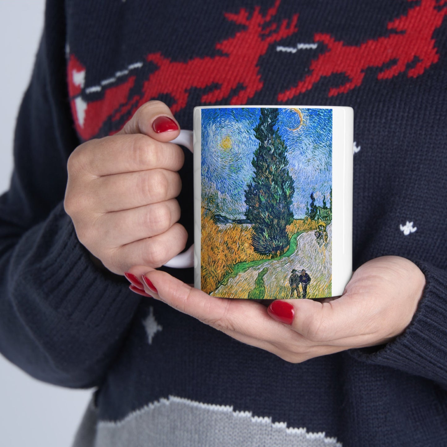Vincent van Gogh's Road with Cypress and Star painting Mug, Birthday Gift Mug, White Ceramic Coffee Mug 11oz, Fine Art Mug Cup