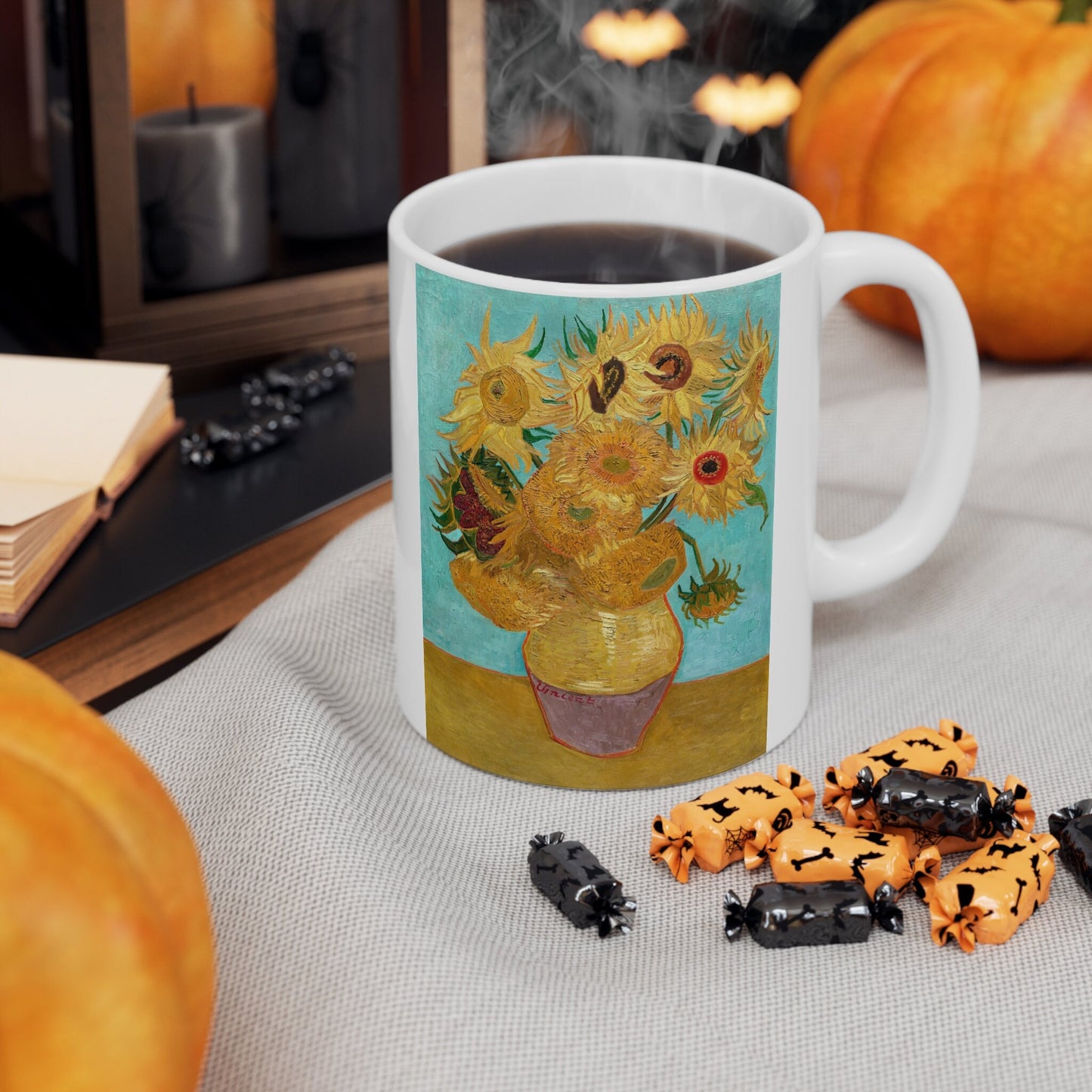 Tasse à café en céramique blanche avec le vase de Vincent van Gogh et les douze tournesols, tasse cadeau d'anniversaire, tasse à café en céramique blanche 11 oz, tasse à beaux-arts