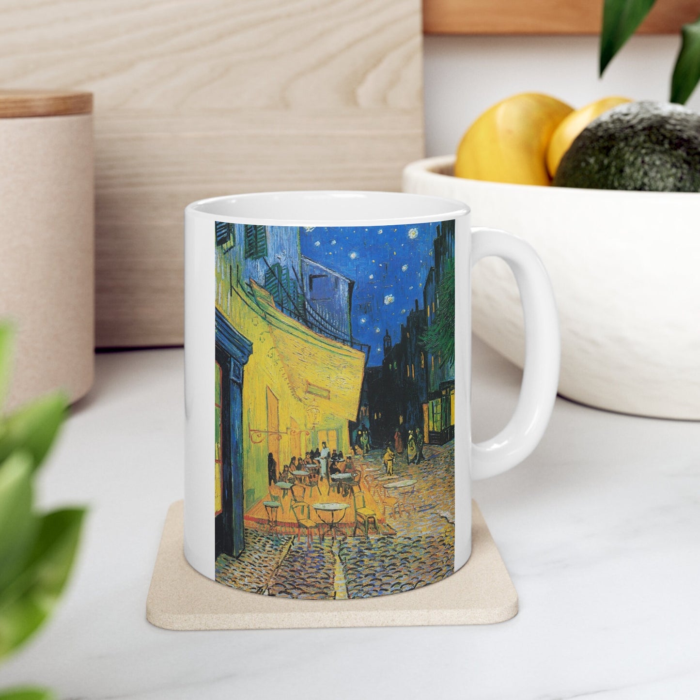 Tasse à café en céramique blanche de Vincent van Gogh avec terrasse de café la nuit, tasse à café en céramique blanche de 11 oz, tasse à café d'art