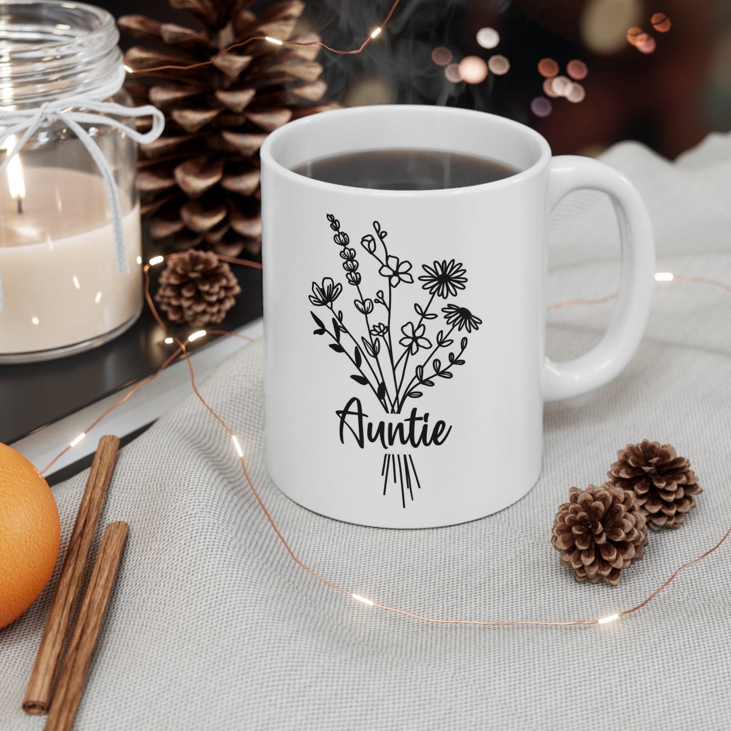 Wildflower Bouquet Auntie Gift Mug, Auntie Mug, Gift Coffee Mug, Coffee Quotes Mug, Ceramic Cup Mug for Coffee or Tea 11 oz