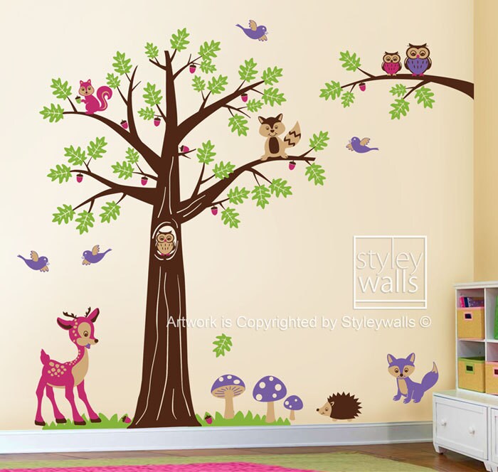 Woodland Tree Animals Wall Decal Forest Animals Nursery Wall Decal Bambi Deer Owls Squirrels Raccoon Wall Decal Baby Kids Room Art Decor