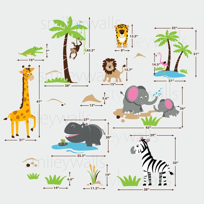 Ensemble de stickers muraux géants animaux de la jungle Safari Singe Girafe Éléphant Lion Zèbre Tigre Crocodile Hippopotame Chambre d'enfant Salle de jeux pour enfants Sticker Art