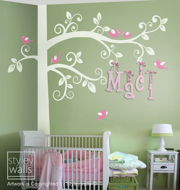 Corner Tree Wall Decal, Swirly Tree with Birds Wall Decal, Corner Tree Kids Wall Decal, Tree and Birds Wall Sticker, Nursery Tree Decal