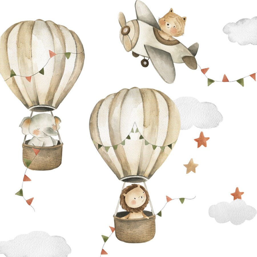 Jungle Animals and Air Balloons, Watercolor Hot Air Balloons Wall Sticker, Safari Animals Wall Decal, Nursery Baby Room Wall Decals
