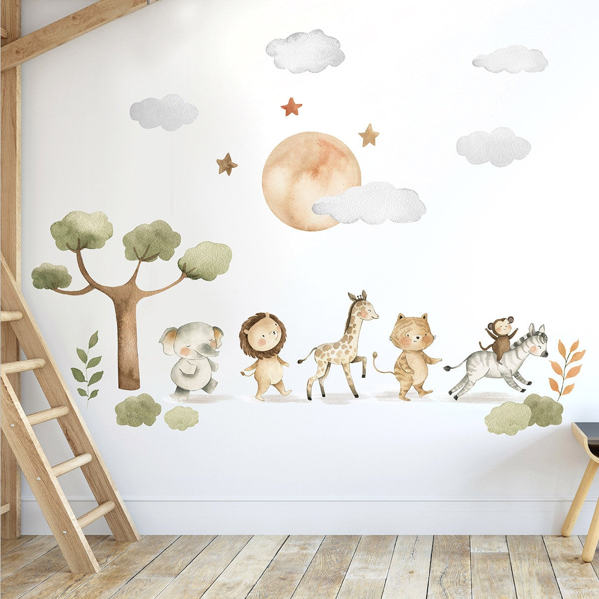 Autocollant mural animaux de safari, autocollant mural animaux de la jungle, autocollant mural animaux de la savane, mignons bébés animaux pour enfants, décoration de chambre de bébé