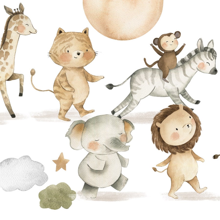 Autocollant mural animaux de safari, autocollant mural animaux de la jungle, autocollant mural animaux de la savane, mignons bébés animaux pour enfants, décoration de chambre de bébé