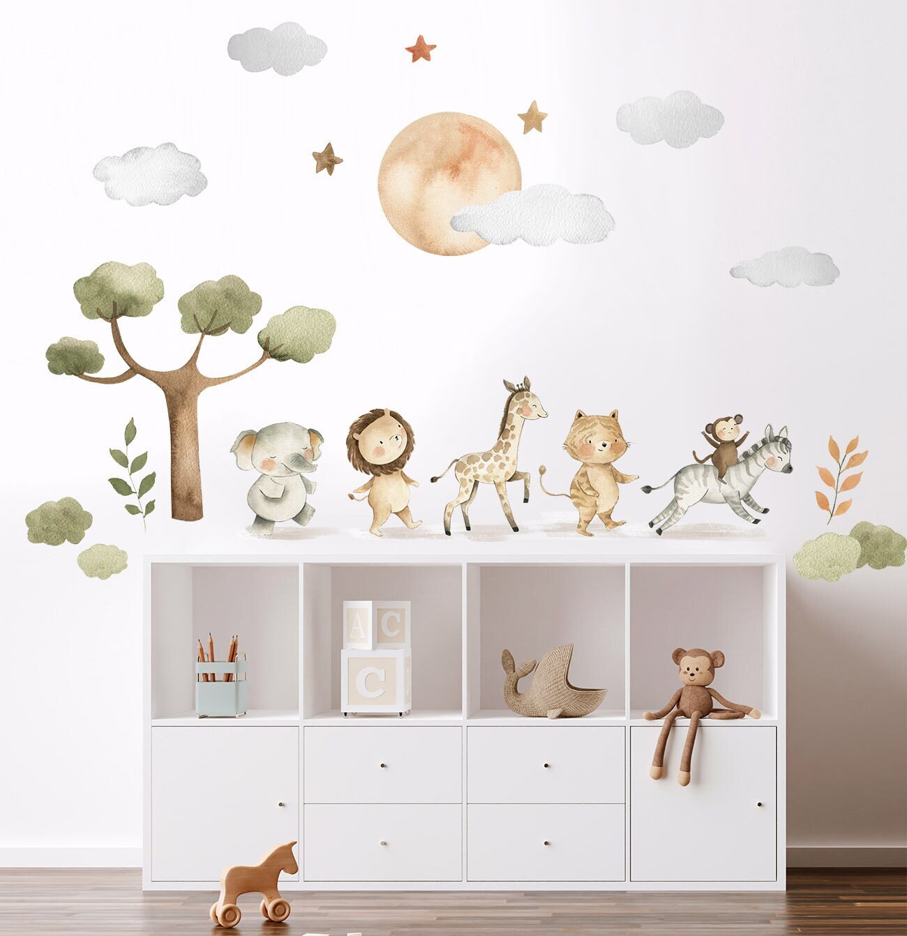 Autocollant mural animaux de safari, autocollant mural animaux de la jungle, autocollant mural animaux de la savane, mignons bébés animaux pour enfants, décoration de chambre de bébé
