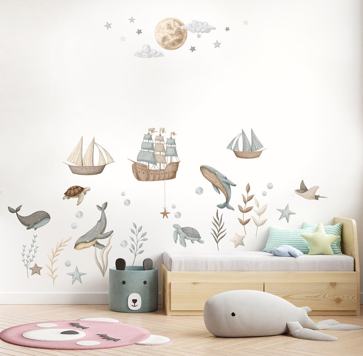 Nautical Wall Decal, Whales Wall Decal, Ships Wall Sticker, Under the Sea Wall Decal, Sea Life Sea Creatures Moon and Clouds Wall Decal