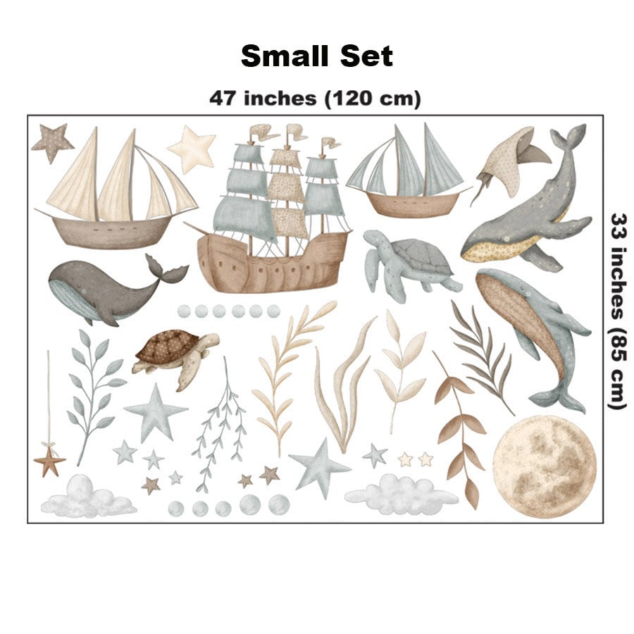 Nautical Wall Decal, Whales Wall Decal, Ships Wall Sticker, Under the Sea Wall Decal, Sea Life Sea Creatures Moon and Clouds Wall Decal