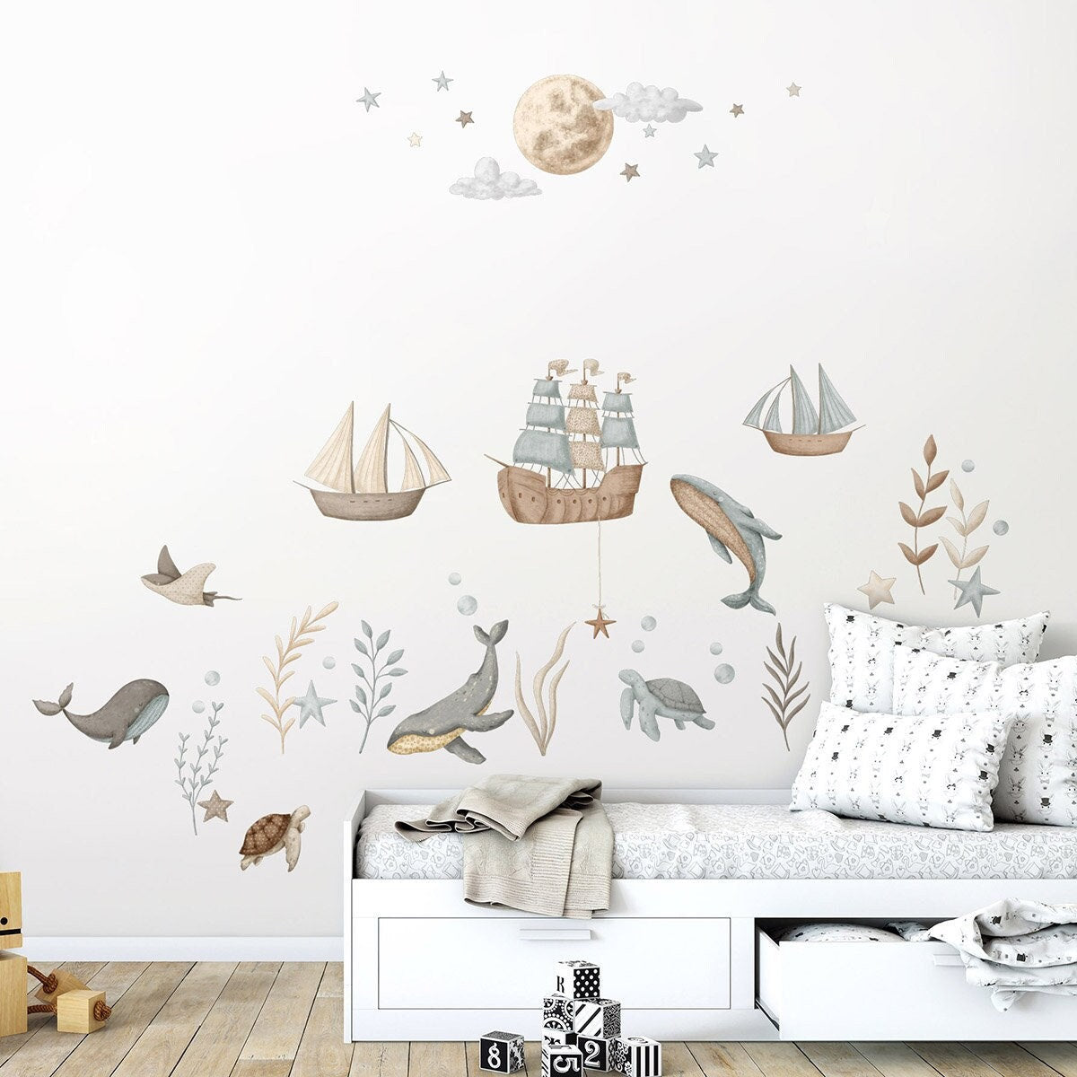 Nautical Wall Decal, Whales Wall Decal, Ships Wall Sticker, Under the Sea Wall Decal, Sea Life Sea Creatures Moon and Clouds Wall Decal