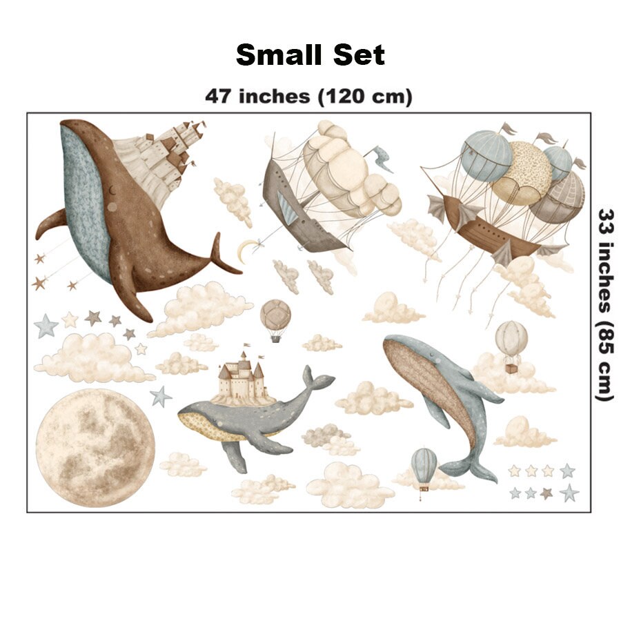 Whales Wall Decal, Ocean Wall Decal, Vintage Hot Air Balloons Decal, Sealife Wall Stickers, Moon and Stars Wall Decal, Nursery Wall Sticker