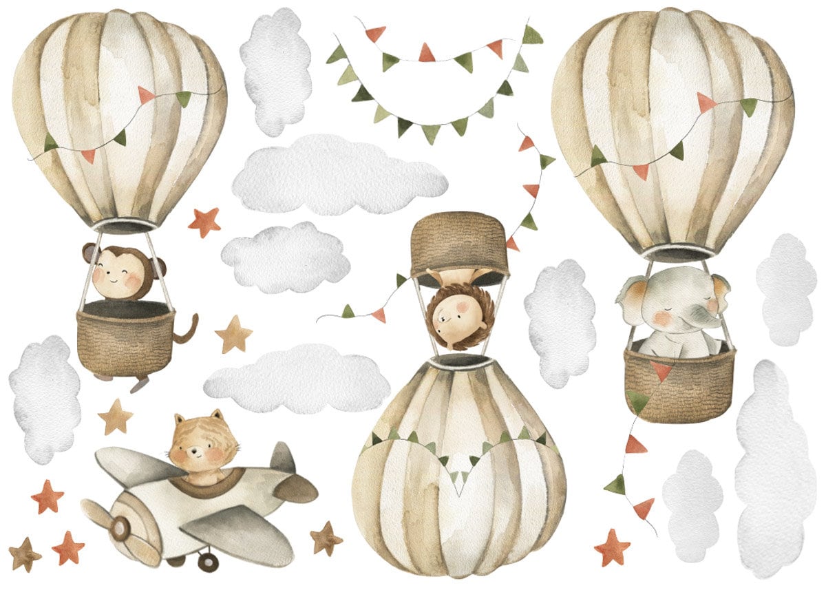 Jungle Animals and Air Balloons, Watercolor Hot Air Balloons Wall Sticker, Safari Animals Wall Decal, Nursery Baby Room Wall Decals