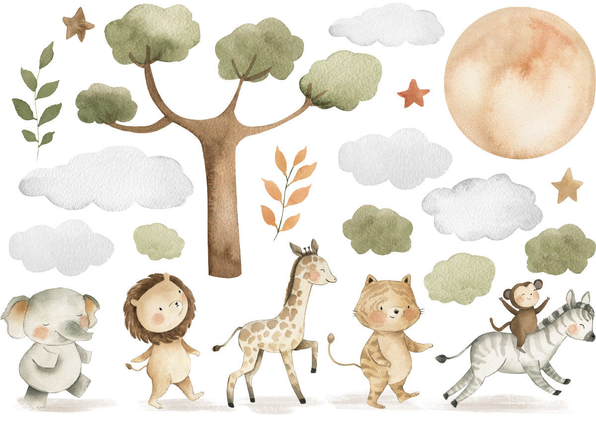 Autocollant mural animaux de safari, autocollant mural animaux de la jungle, autocollant mural animaux de la savane, mignons bébés animaux pour enfants, décoration de chambre de bébé