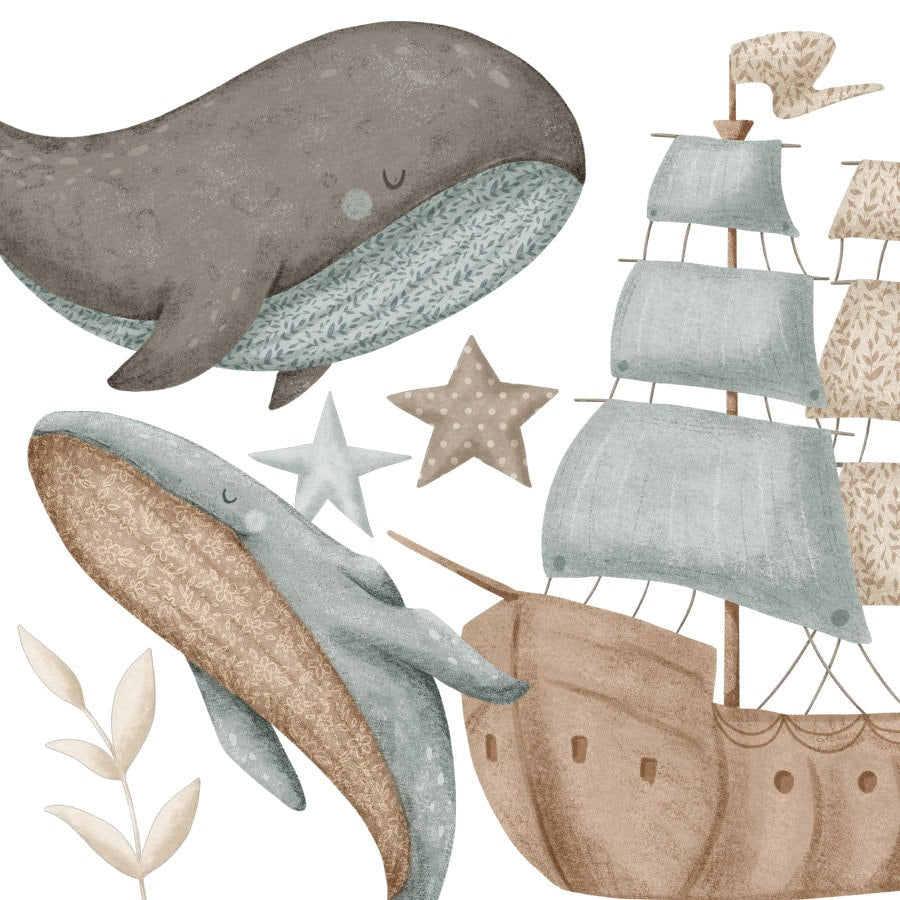 Nautical Wall Decal, Whales Wall Decal, Ships Wall Sticker, Under the Sea Wall Decal, Sea Life Sea Creatures Moon and Clouds Wall Decal