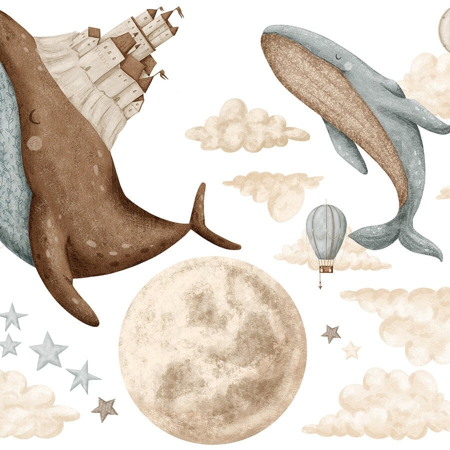 Whales Wall Decal, Ocean Wall Decal, Vintage Hot Air Balloons Decal, Sealife Wall Stickers, Moon and Stars Wall Decal, Nursery Wall Sticker