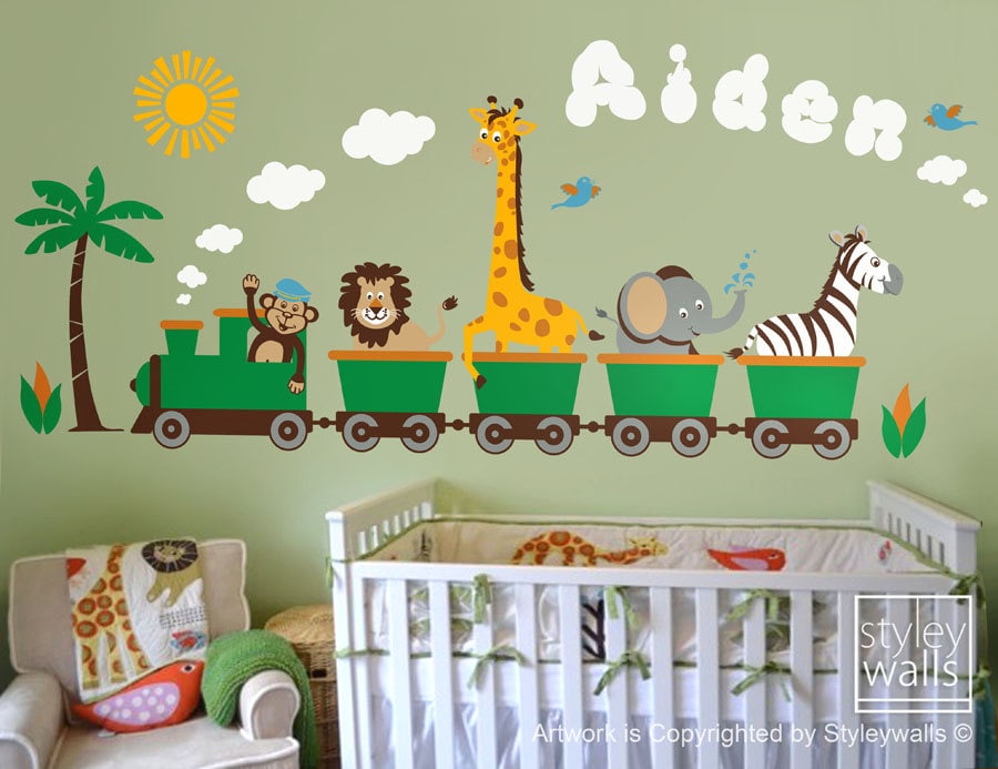 Jungle Animals Train Wall Decal, Safari Animals Wall Sticker, Monkey Zebra Giraffe Elephant Lion Nursery Kids Playroom Room Sticker Decor