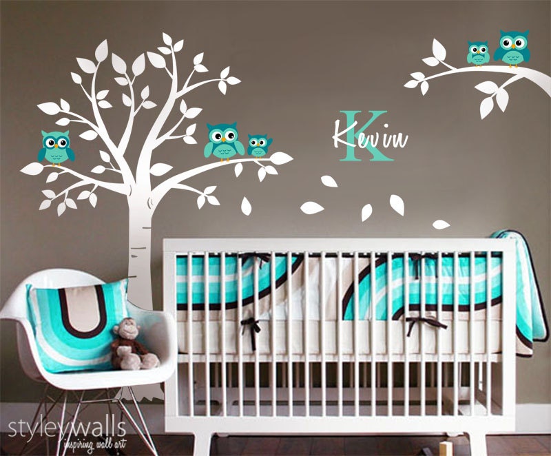 Owl Wall Decal Owls Tree Wall Decal Nursery Wall Sticker Kids Baby Room Wall Decal Owls on Branch Personalized custom name and initial decal