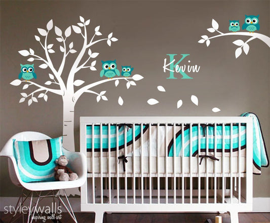 Owl Wall Decal Owls Tree Wall Decal Nursery Wall Sticker Kids Baby Room Wall Decal Owls on Branch Personalized custom name and initial decal