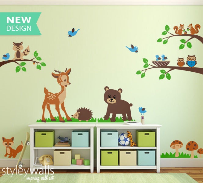 Forest Animals Wall decal Tops Woodland Critters Children Wall Art Decal Tree Nursery Baby Playroom Kids Vinyl Wall Decal Wall Sticker