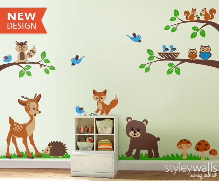 Forest Animals Wall decal Tops Woodland Critters Children Wall Art Decal Tree Nursery Baby Playroom Kids Vinyl Wall Decal Wall Sticker