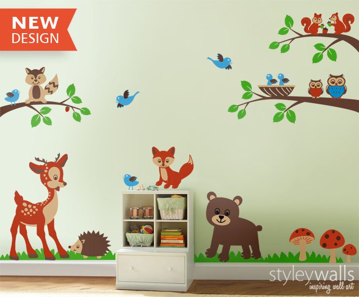 Forest Animals Wall decal Tops Woodland Critters Children Wall Art Decal Tree Nursery Baby Playroom Kids Vinyl Wall Decal Wall Sticker