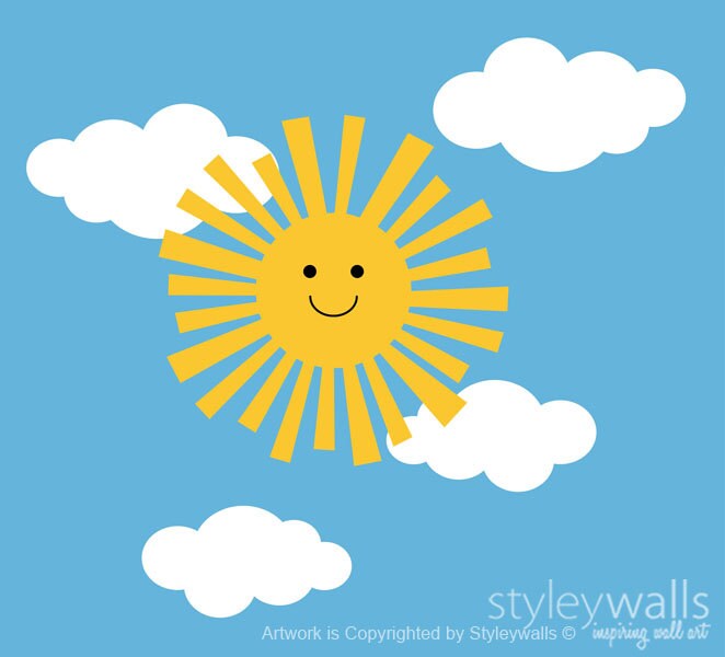 Clouds and Sun Wall Decal, Smiley Sun and Clouds Wall Sticker for Children Baby Nursery Decor, Clouds Wall Decal Sticker, Sun Wall Decal