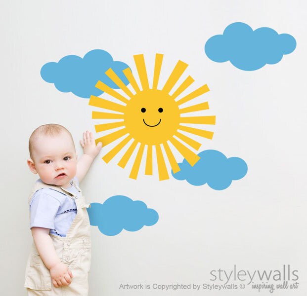 Clouds and Sun Wall Decal, Smiley Sun and Clouds Wall Sticker for Children Baby Nursery Decor, Clouds Wall Decal Sticker, Sun Wall Decal