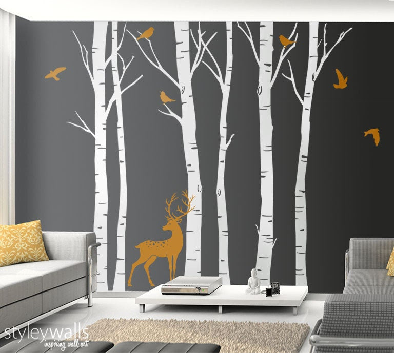 Birch Trees Wall Decal Winter Trees Wall Decal Deer Wall Decal Birds in Winter Nature Wall Decal Birch Tree Wall Decor, Forest Tree Sticker