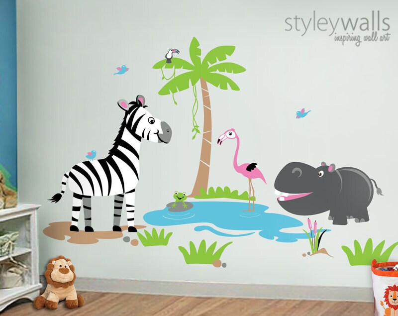 Ensemble d'autocollants muraux d'animaux de safari, hippopotame, flamant rose, zèbre, grenouille, autocollant pour chambre d'enfant, salle de jeux, autocollant mural pour animaux de la jungle