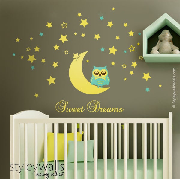 Owl Wall Decal, Owl Moon and Stars Wall Decal, Sweet Dreams Vinyl Lettering, Moon and Stars Wall Decal, Owl Stars Nursery Kids Wall Sticker