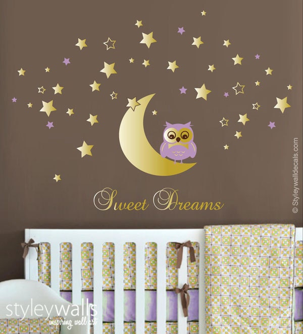 Owl Wall Decal, Owl Moon and Stars Wall Decal, Sweet Dreams Vinyl Lettering, Moon and Stars Wall Decal, Owl Stars Nursery Kids Wall Sticker